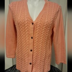 Anne Klein Sport- Pink / Coral 3/4 Sleeve Cable Knit Button Up Sweater, Sz Med